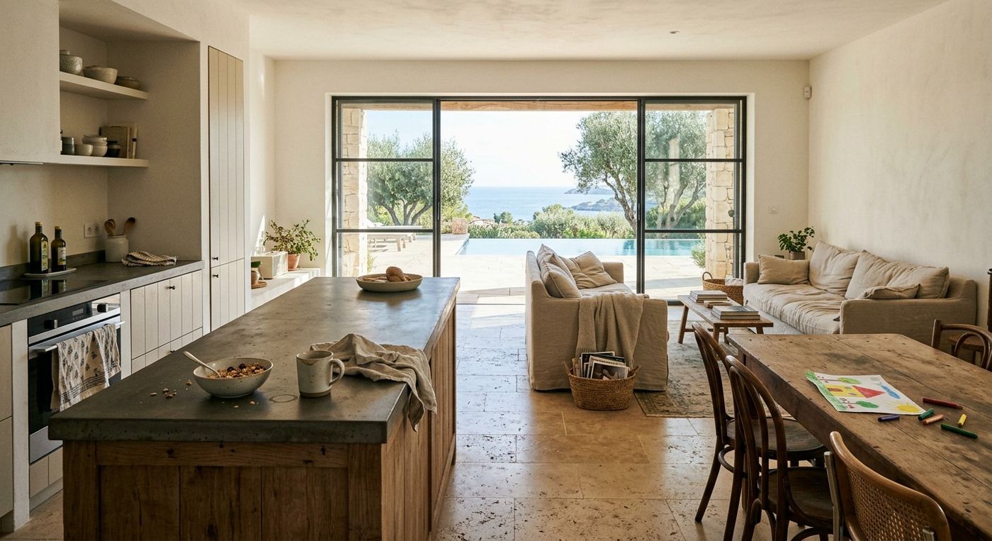Open-plan kitchen and living space with sea view — Private villa, Sotogrande