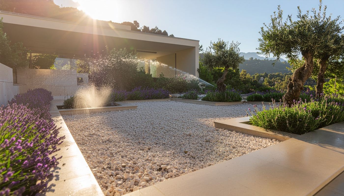 Minimal garden with irrigation sprinkler, olive trees and lavender — Private villa, Estepona