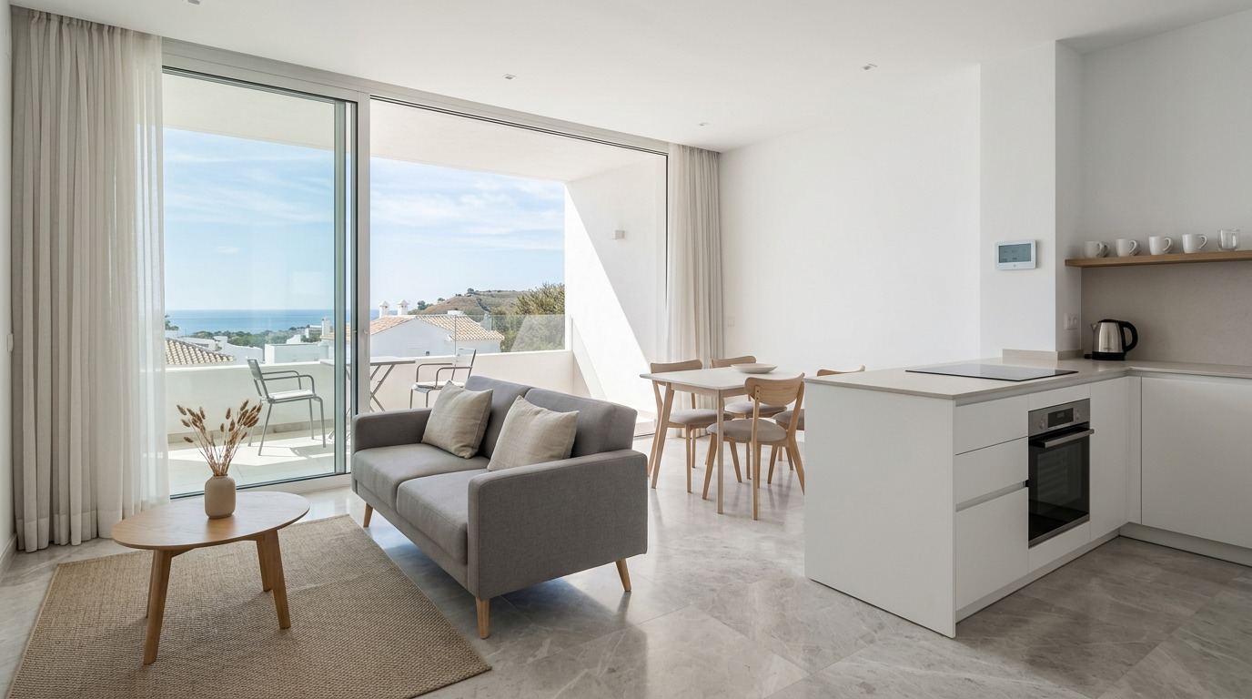 Clean minimal apartment interior with sea view terrace — Rental apartment, Marbella